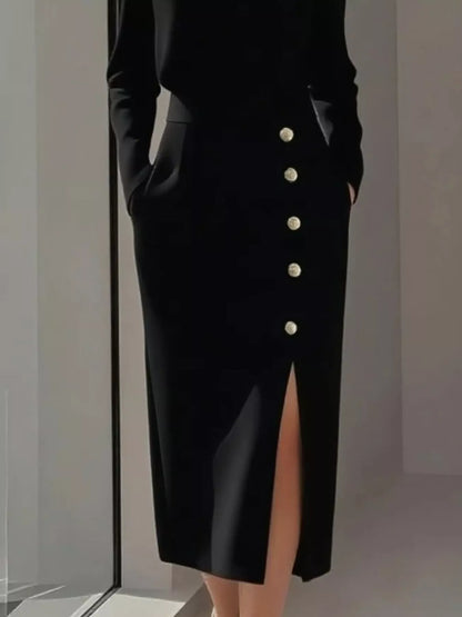 Hazel Blues® |  Long Sleeve Button Detail Midi Dress with Side Slit