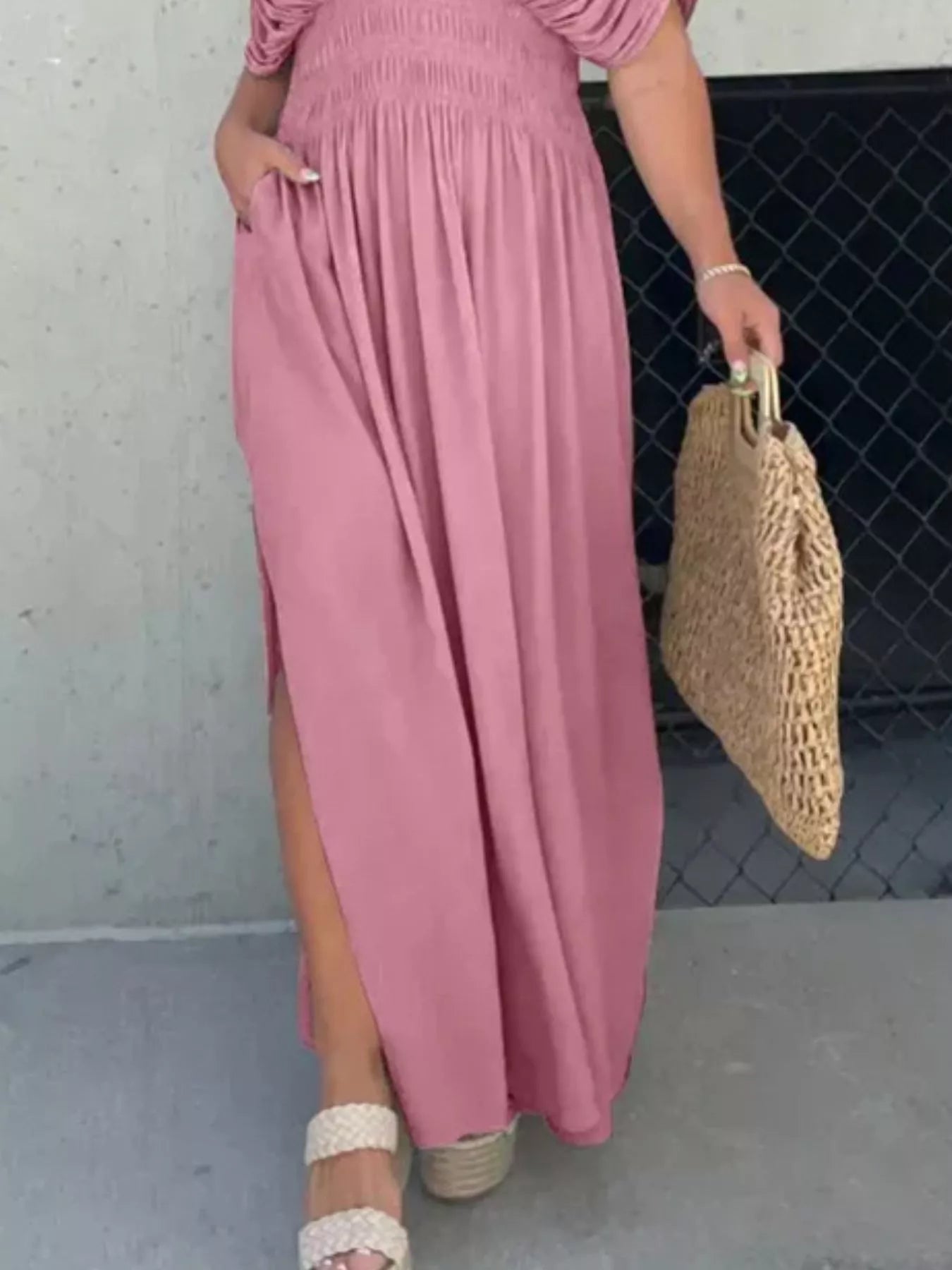 Hazel Blues® | Slit V-Neck Smocked Waist Maxi Dress