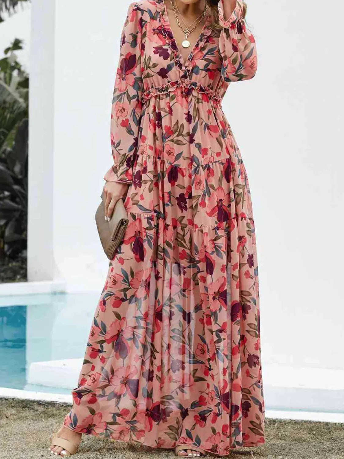 Hazel Blues® |  PREORDER Frill Printed V-Neck Flounce Sleeve Dress