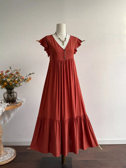 Hazel Blues® |  Ruffle Sleeve Maxi Dress with Button Detail