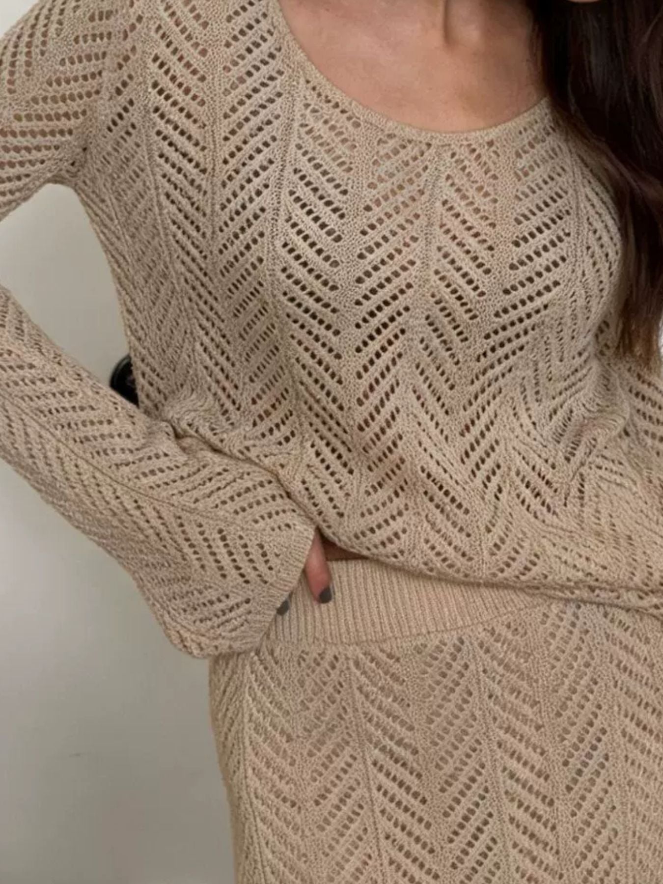 Hazel Blues® |  Openwork Long Sleeve Knit Top and Skirt Set