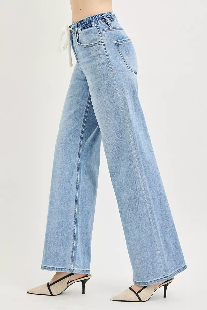 Hazel Blues® |  RISEN Elastic Band Slouchy Wide Jeans with Drawstring