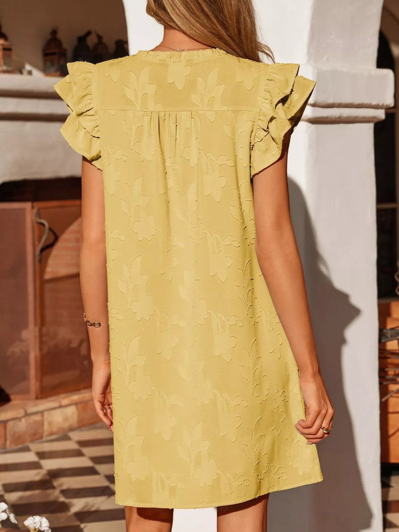 Hazel Blues® |  Floral Embossed Ruffle Sleeve Mini Dress