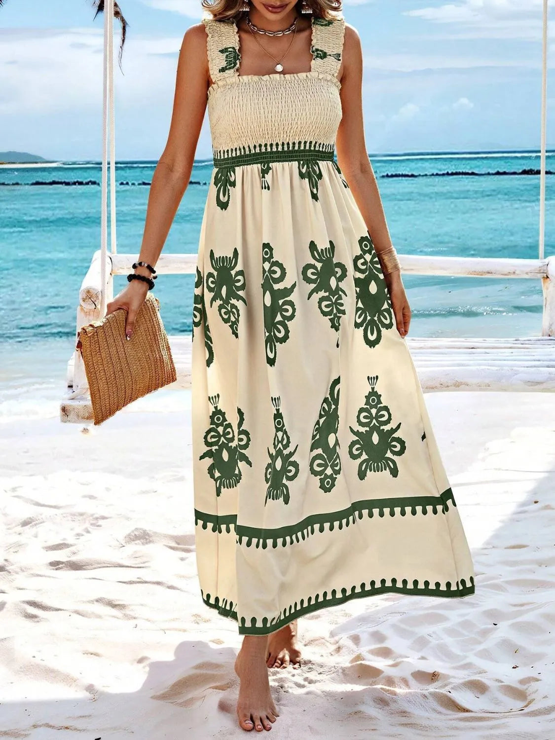 Hazel Blues® |  Smocked Printed Wide Strap Maxi Dress