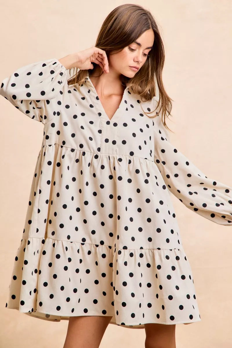 Hazel Blues® |  BiBi Polka Dot Corduroy Collared V Neck Dress