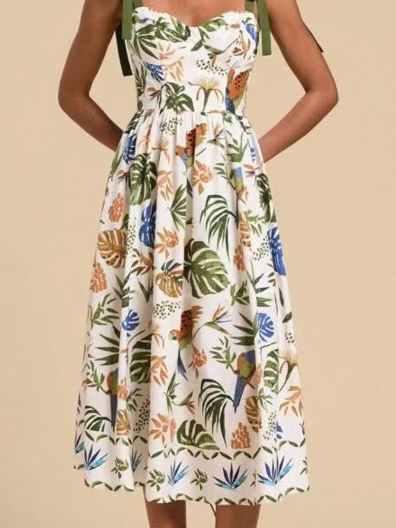 Hazel Blues® |  Tropical Print Tie-Shoulder Sweetheart Neck Midi Dress