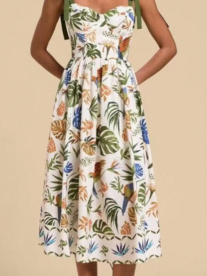 Hazel Blues® |  Tropical Print Tie-Shoulder Sweetheart Neck Midi Dress
