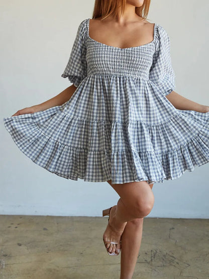 Hazel Blues® |  Ruffled Hem Plaid Half Sleeve Mini Dress