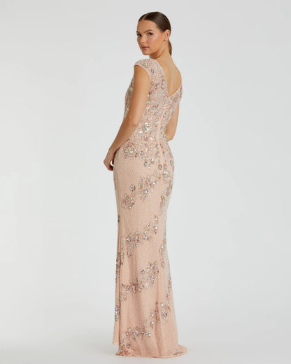 Pink Floral Embellished Cap Sleeve Column Gown