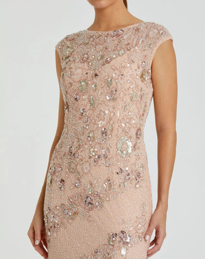 Pink Floral Embellished Cap Sleeve Column Gown