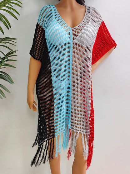 Hazel Blues® | Fringe Color Block Scoop Neck Cover Up