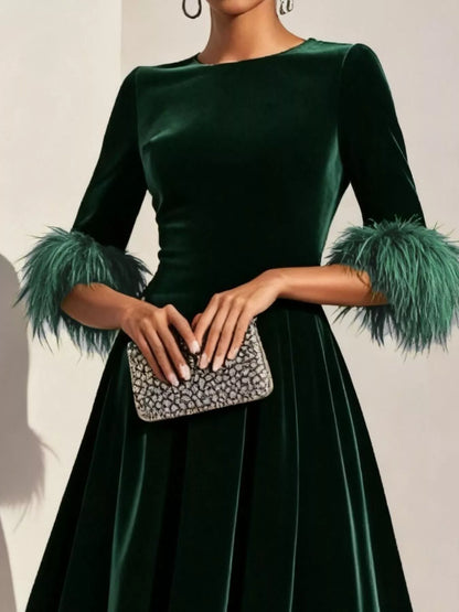 Hazel Blues® |  Velvet Midi Dress with Feather Cuffs