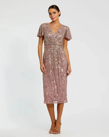 Purple Embellished Faux Wrap Flutter Sleeve Dress
