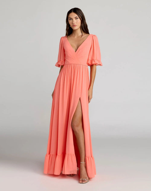 Pink Faux Wrap Ruffle Trim A-Line Gown