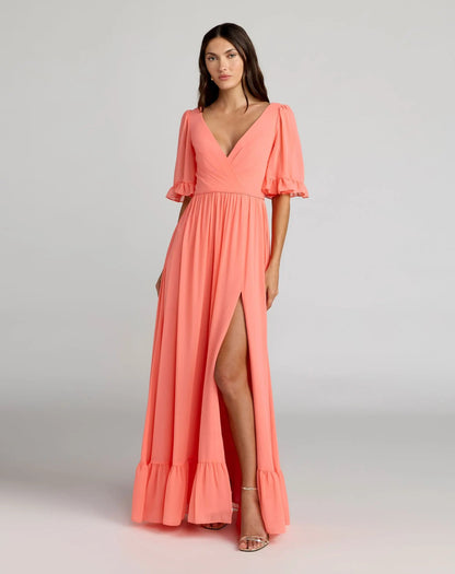 Pink Faux Wrap Ruffle Trim A-Line Gown