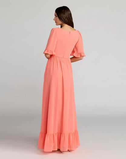 Pink Faux Wrap Ruffle Trim A-Line Gown