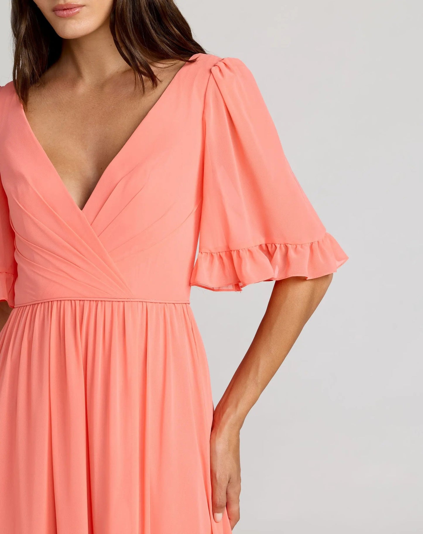 Pink Faux Wrap Ruffle Trim A-Line Gown