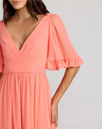 Pink Faux Wrap Ruffle Trim A-Line Gown