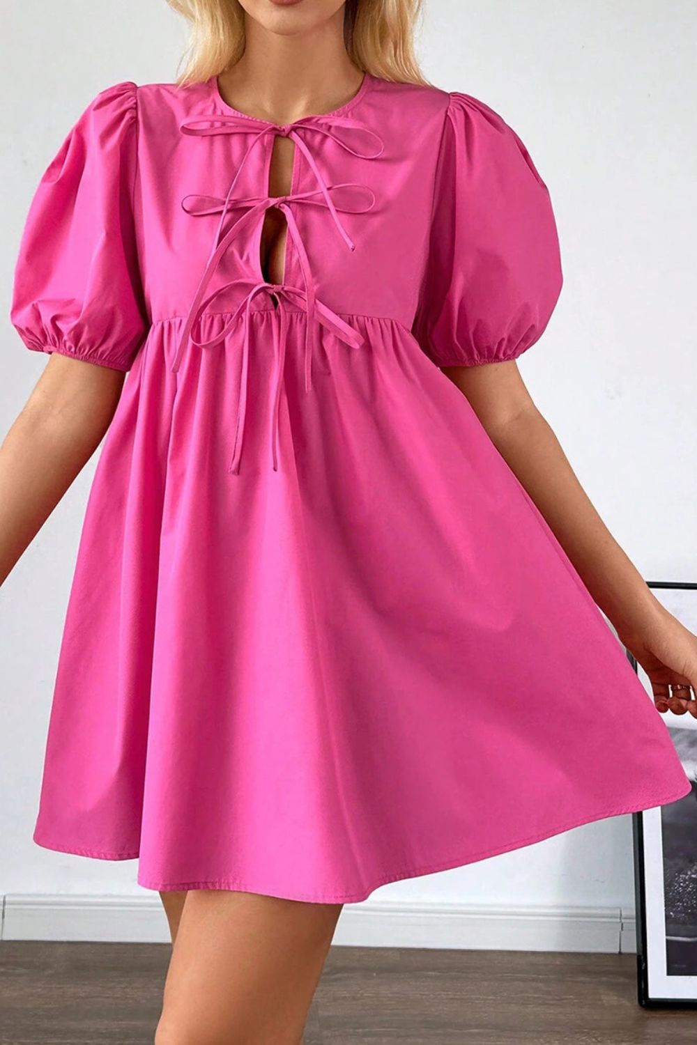 Hazel Blues® |  Puff Sleeve Tie Front High Waist Mini Dress