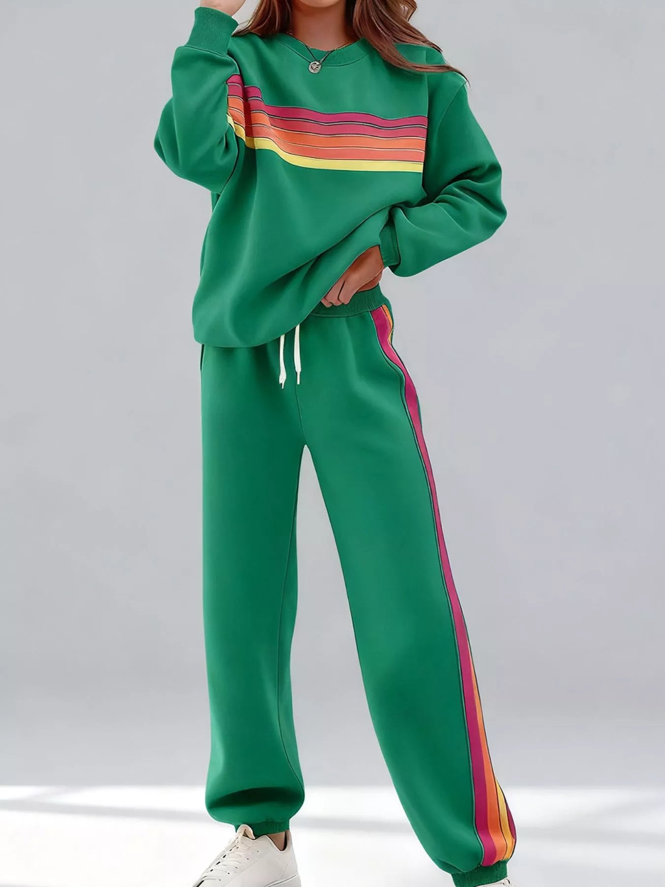 Hazel Blues® |  Striped Round Neck Sweatshirt and Pants Set
