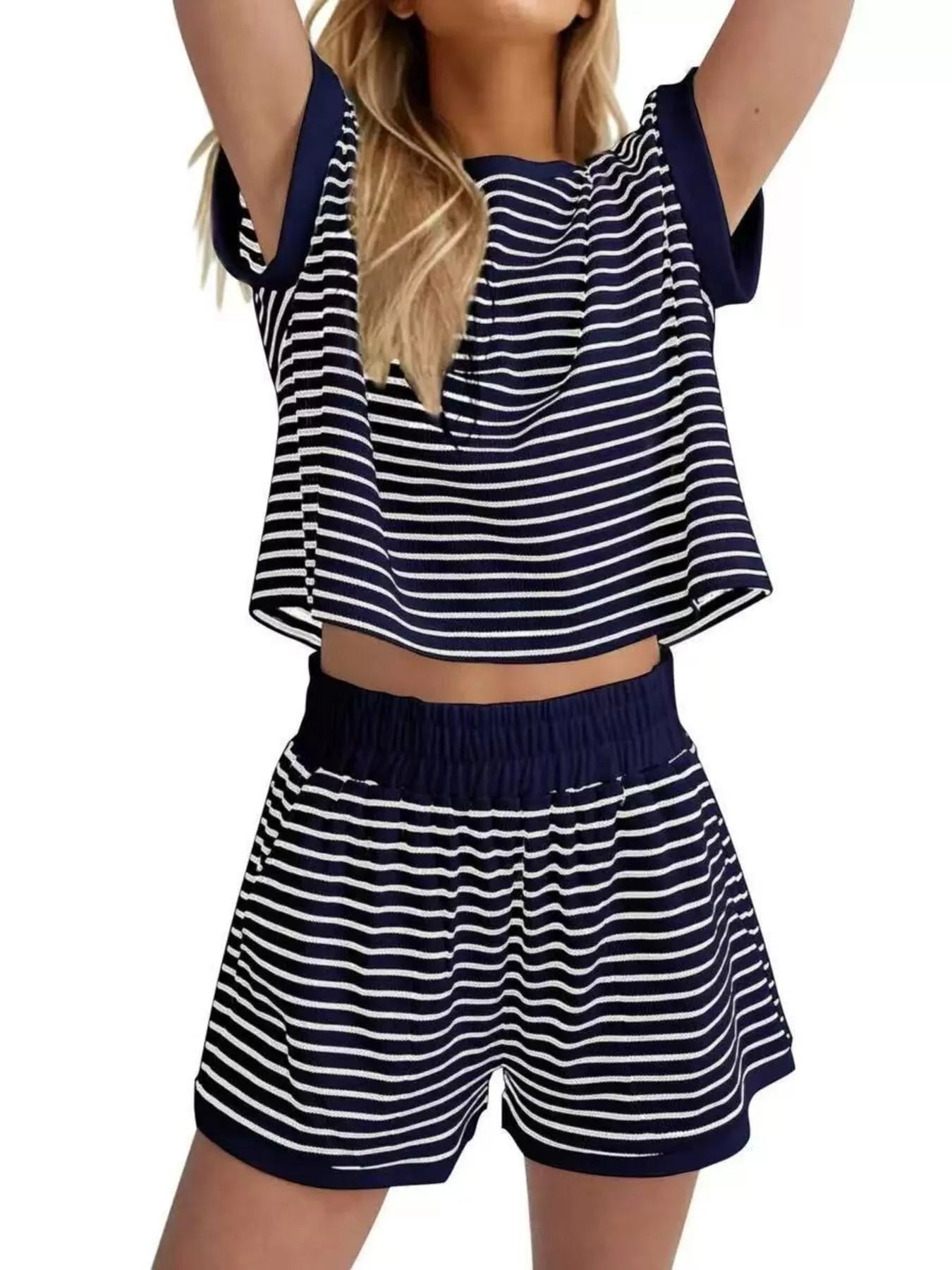 Hazel Blues® | Striped Round Neck Top and Shorts Set