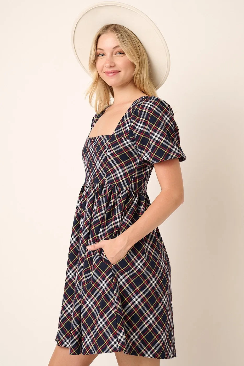 Hazel Blues® |  Mittoshop Checkered Print Puff Sleeve Babydoll Mini Dress