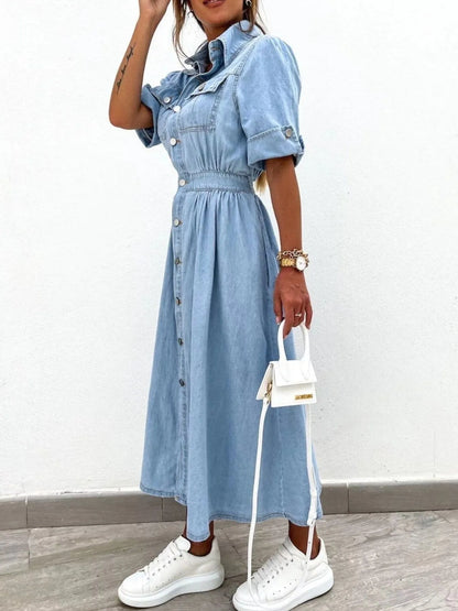 Hazel Blues® | Button Down Roll-Up Sleeve Denim Shirt Dress