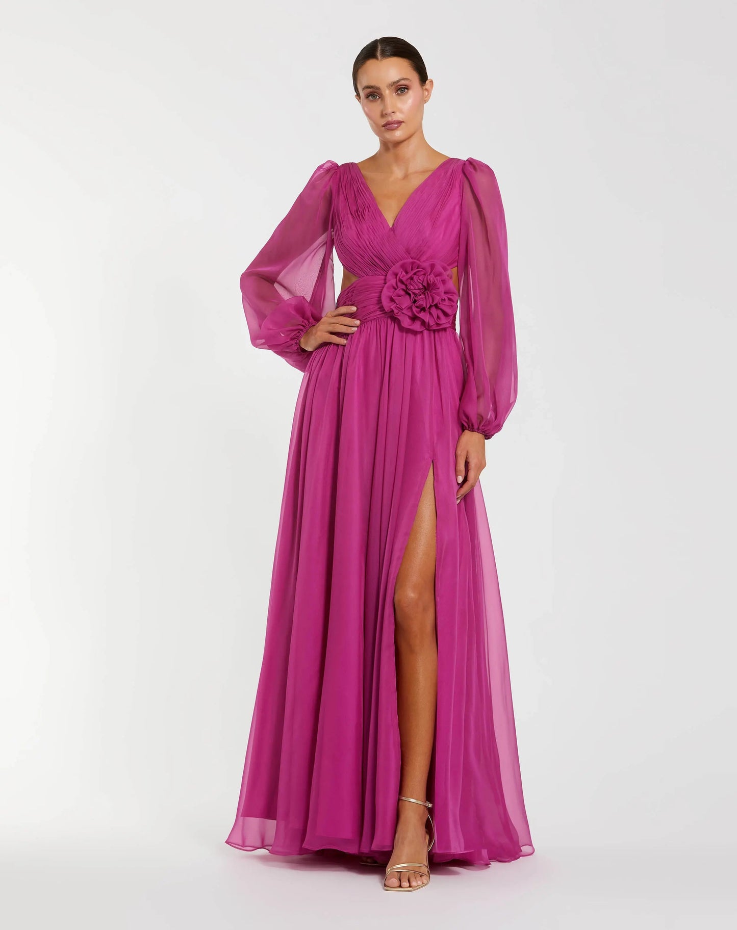 Pink Long Sleeve V-Neck Chiffon Gown With 3D Flower