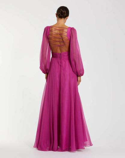 Pink Long Sleeve V-Neck Chiffon Gown With 3D Flower