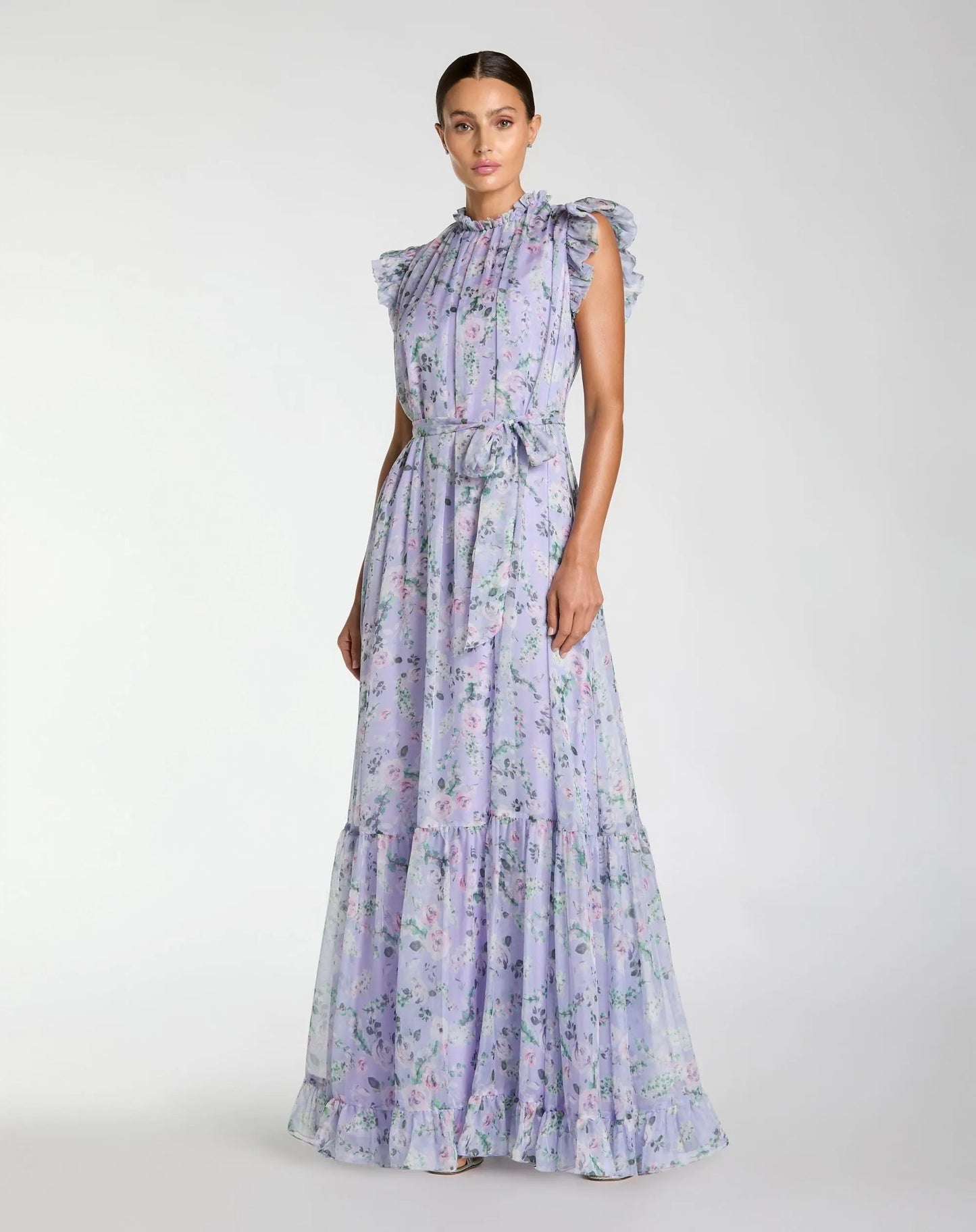 Printed Chiffon Ruffle Sleeve Gown With Bow Belt