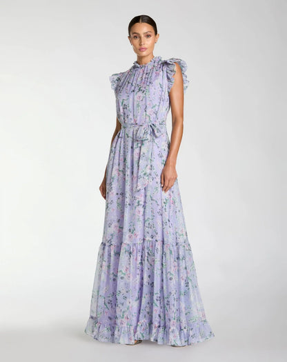 Printed Chiffon Ruffle Sleeve Gown With Bow Belt