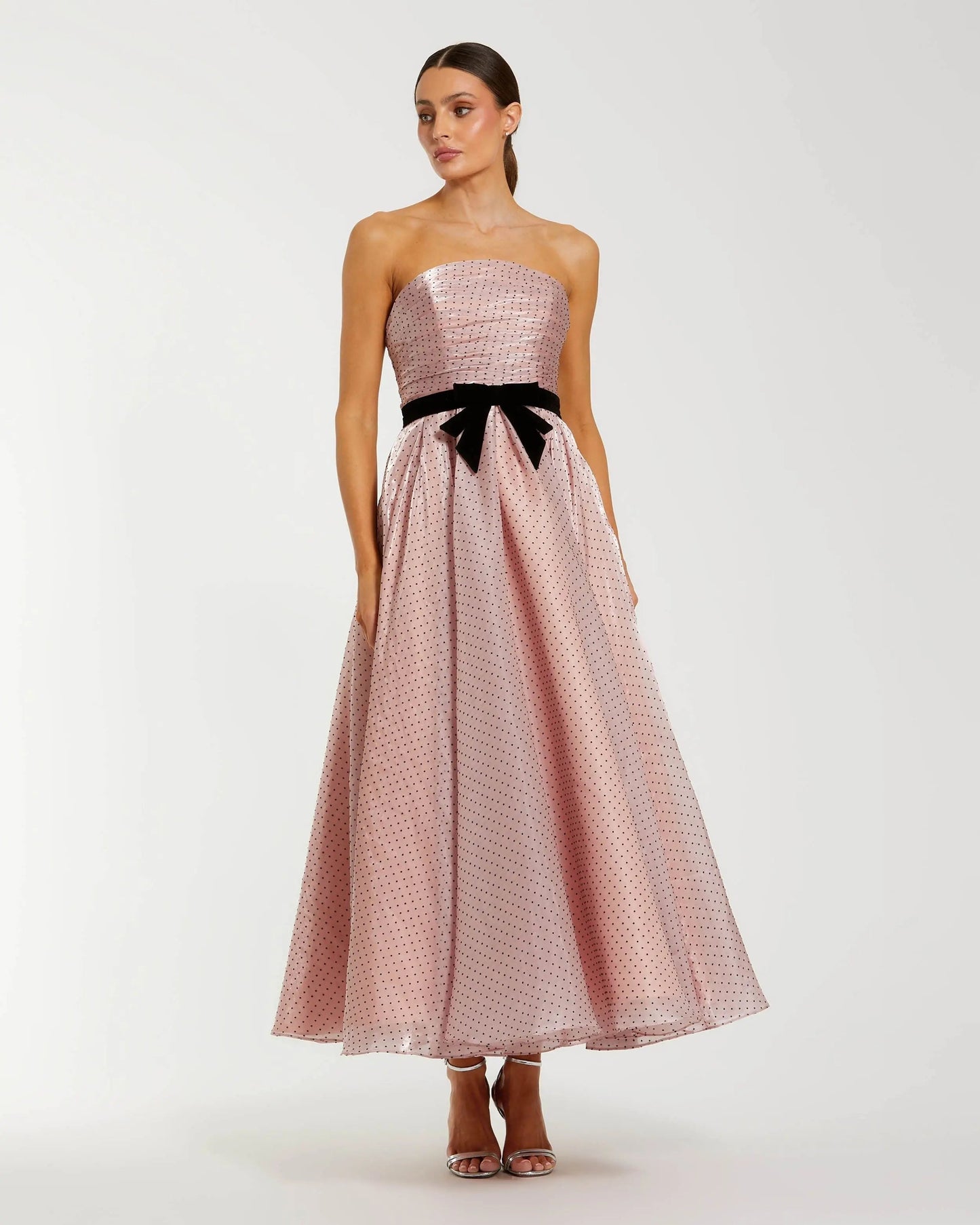 Polka Dot Organza Strapless Midi Dress With Velvet Bow