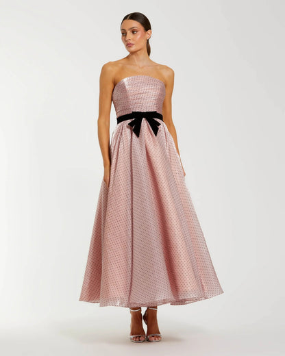 Pink Strapless Polka Dot Midi Dress With Velvet Bow