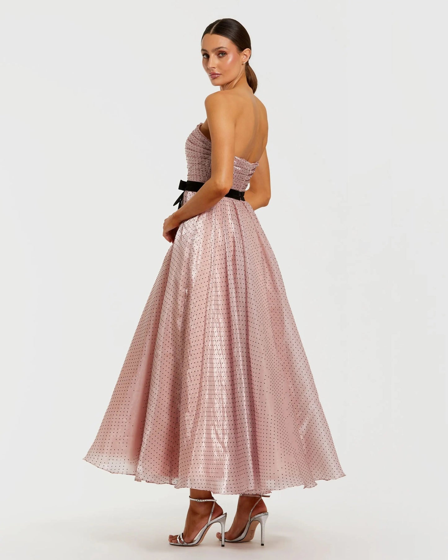 Polka Dot Organza Strapless Midi Dress With Velvet Bow
