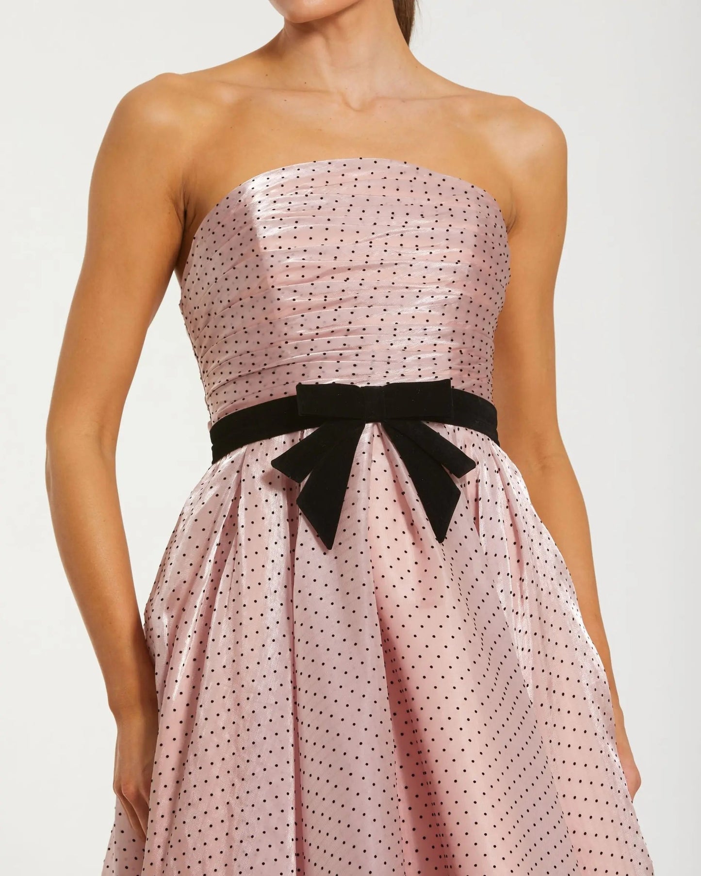 Pink Strapless Polka Dot Midi Dress With Velvet Bow