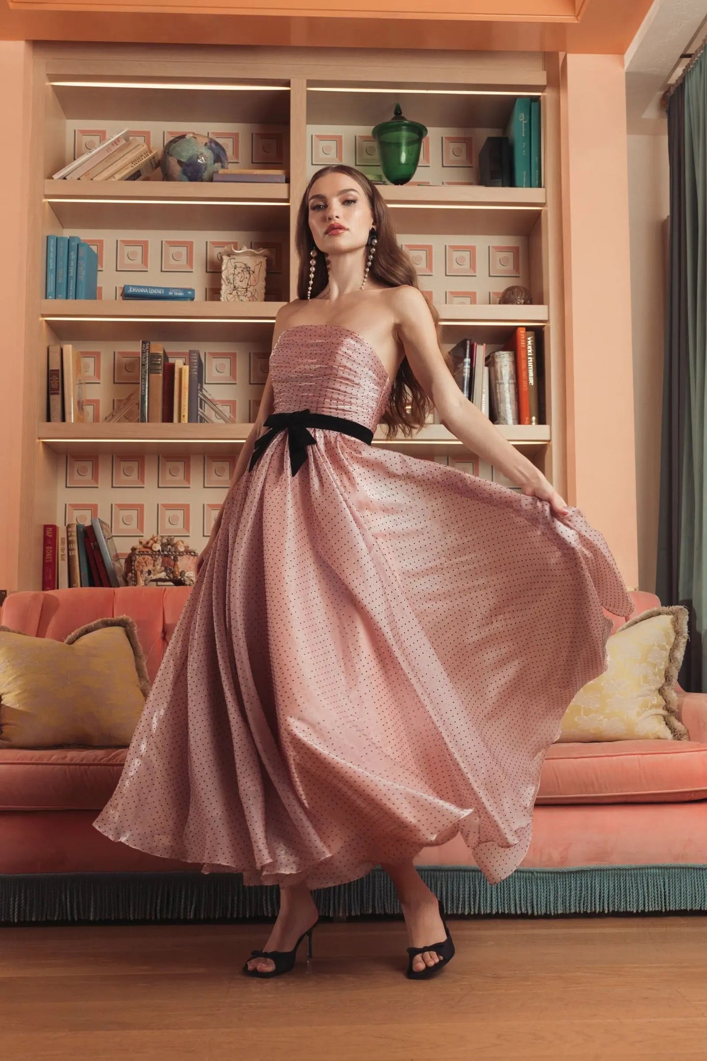 Pink Strapless Polka Dot Midi Dress With Velvet Bow