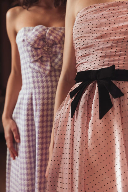 Pink Strapless Polka Dot Midi Dress With Velvet Bow
