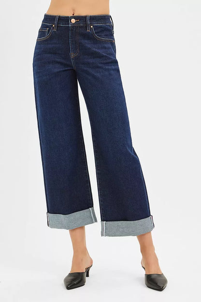 Hazel Blues® |  RISEN Mid Rise Fit Ankle Wide Roll Up Jeans