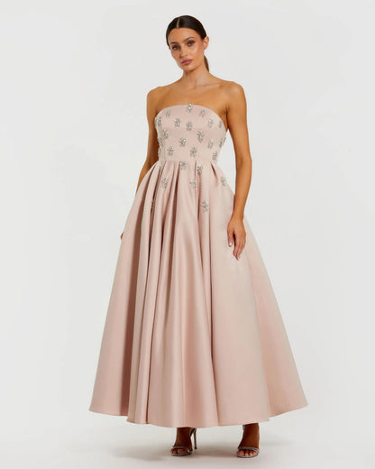 Pink Strapless Crystal Embellished Satin A-Line Dress