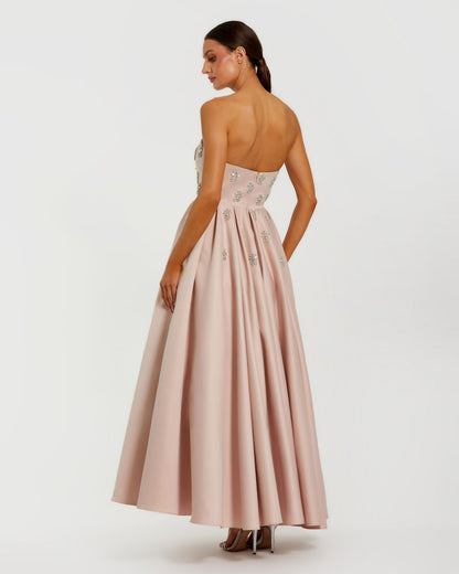 Pink Strapless Crystal Embellished Satin A-Line Dress