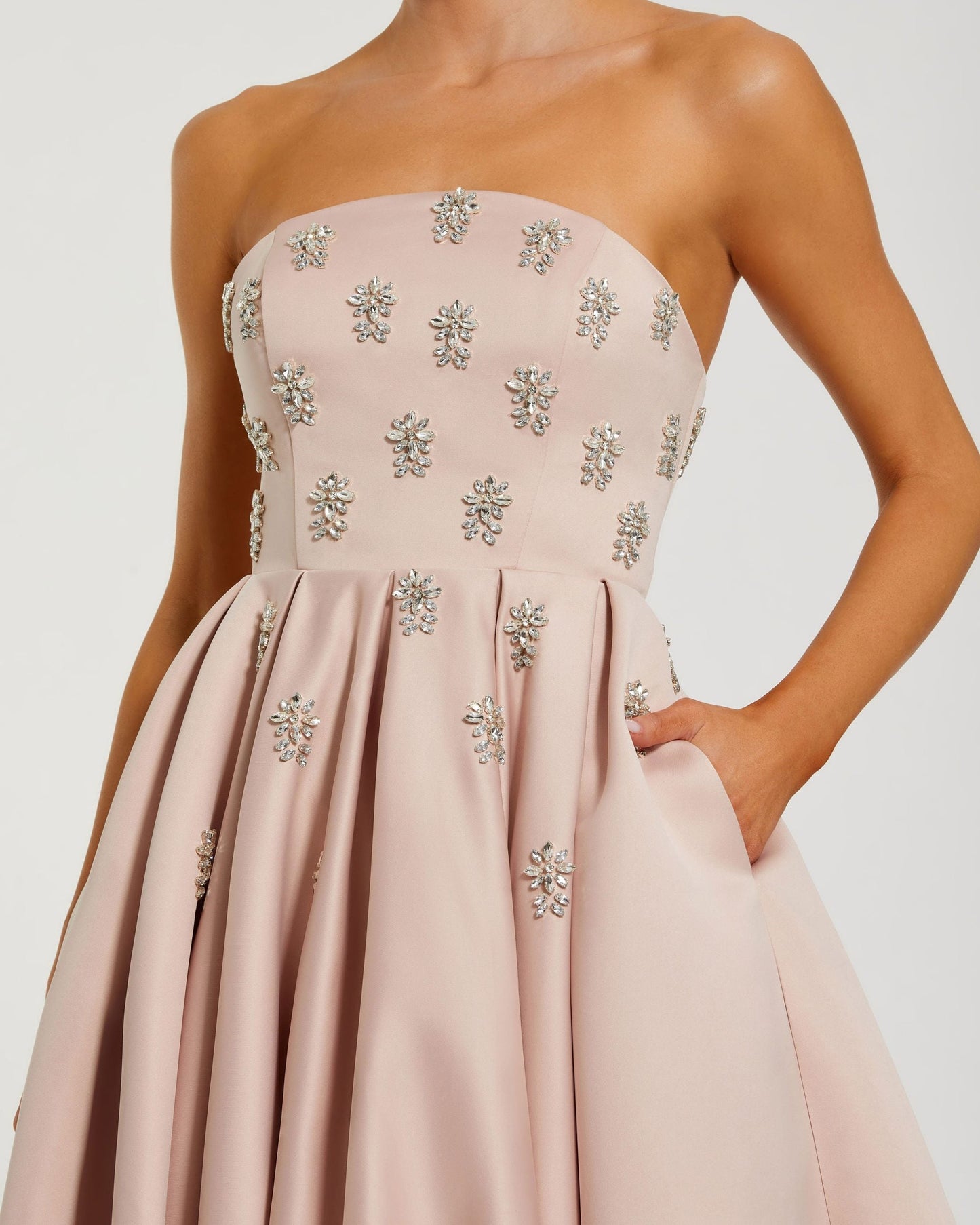 Pink Strapless Crystal Embellished Satin A-Line Dress