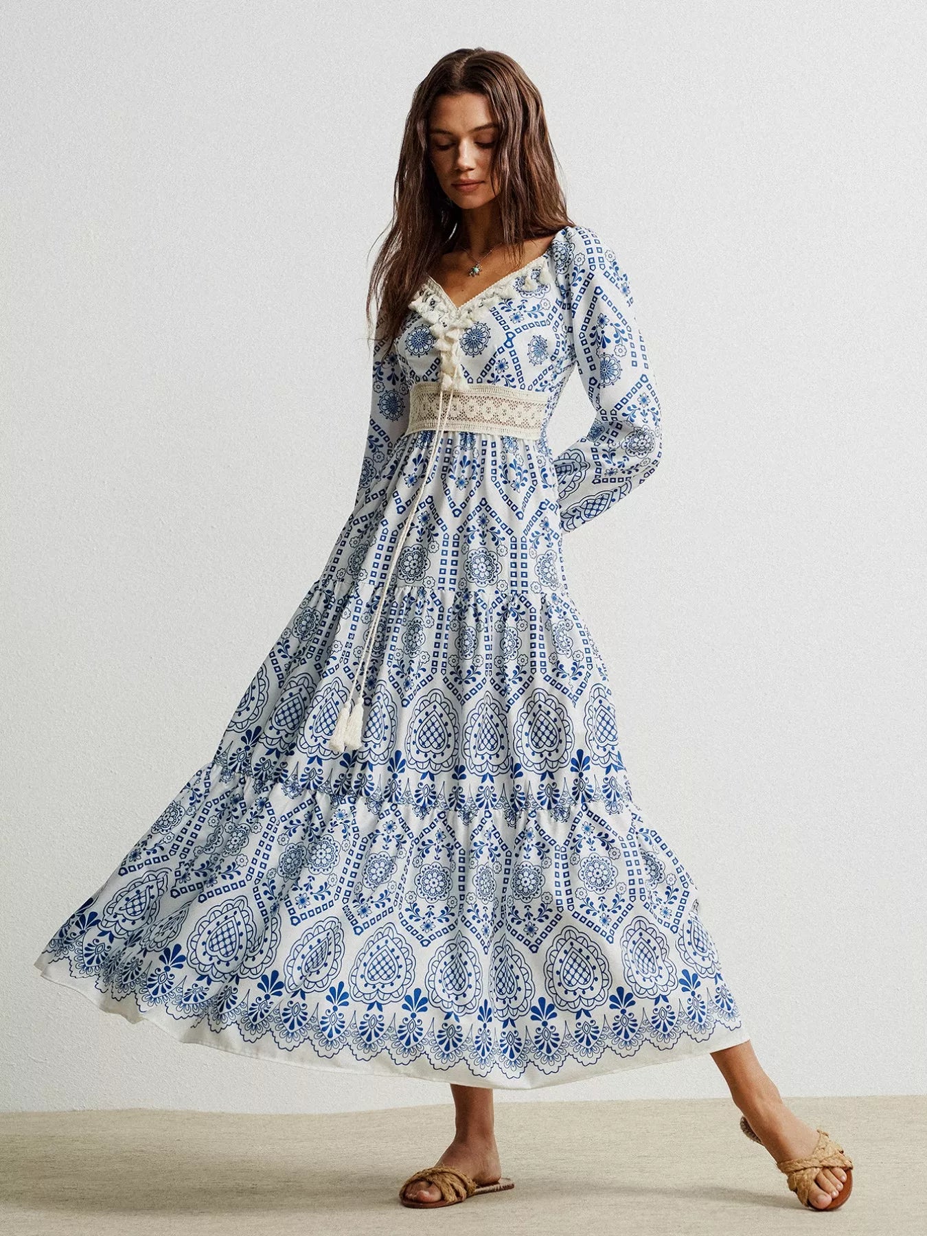 Hazel Blues® |  Bohemian Print Midi Dress with Tassel Detail