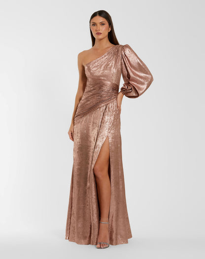 Pink One Shoulder Metallic Gown With Slit