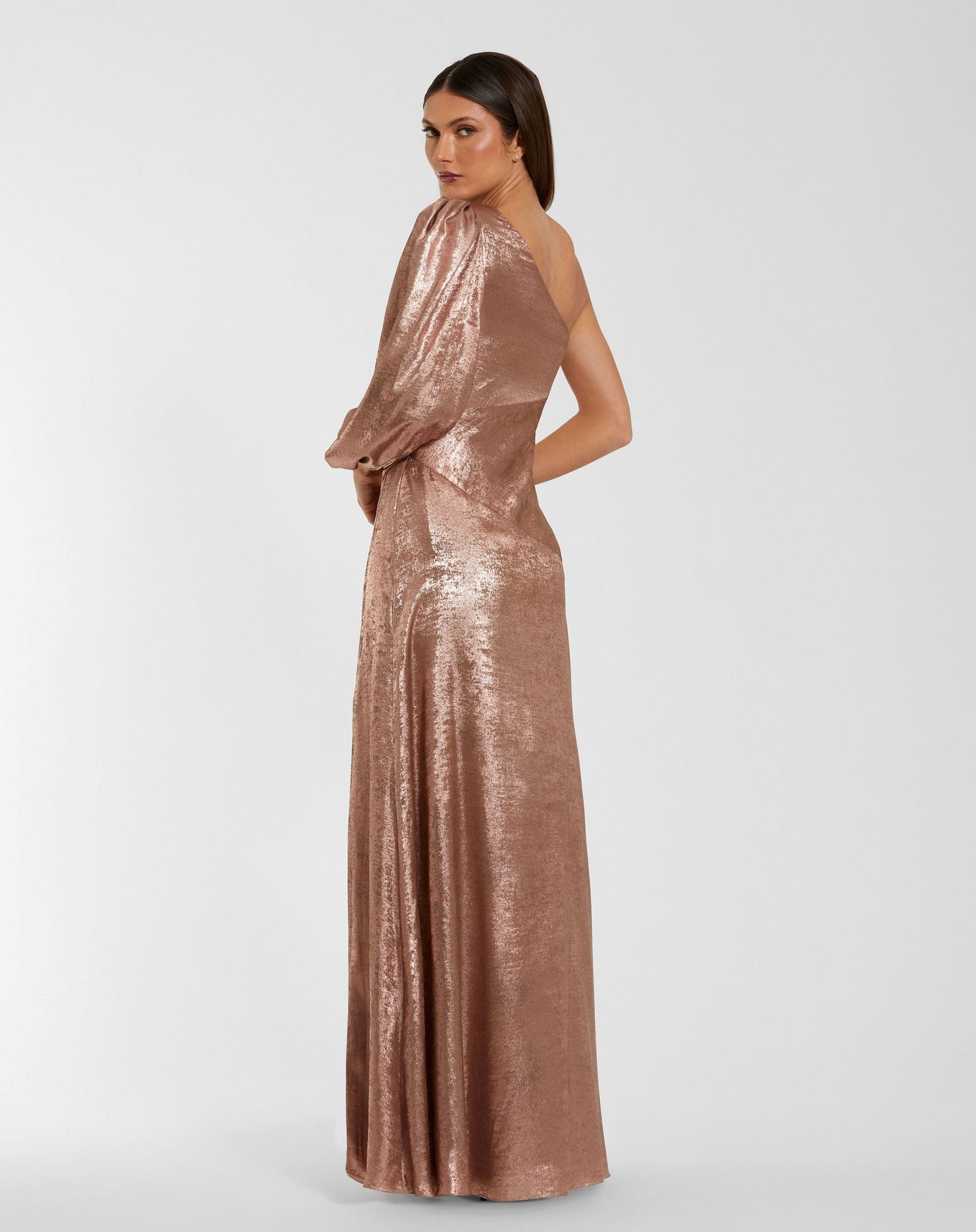 Pink One Shoulder Metallic Gown With Slit