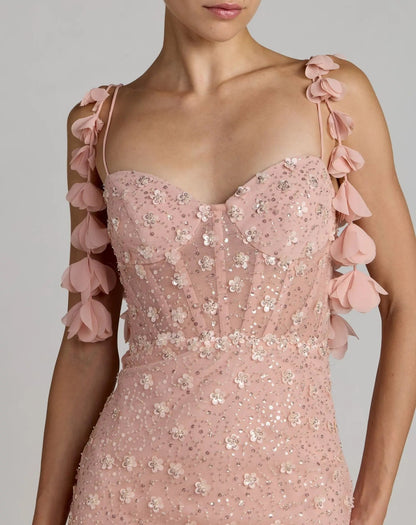 Pink Sweetheart Neck Embellished Gown With Floral Detail