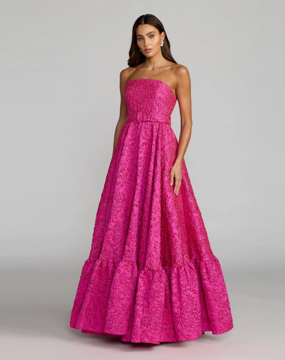 Pink Strapless Floral Brocade Ball Gown With Belt