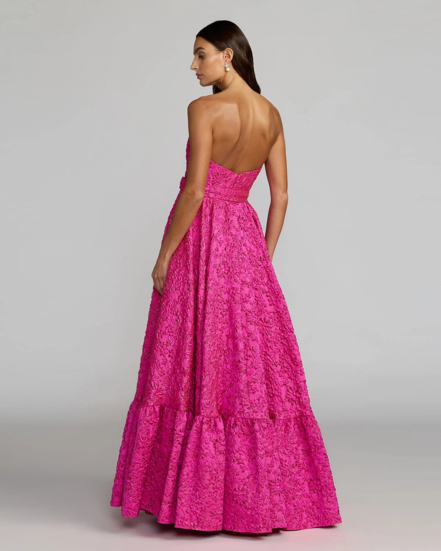 Pink Strapless Floral Brocade Ball Gown With Belt