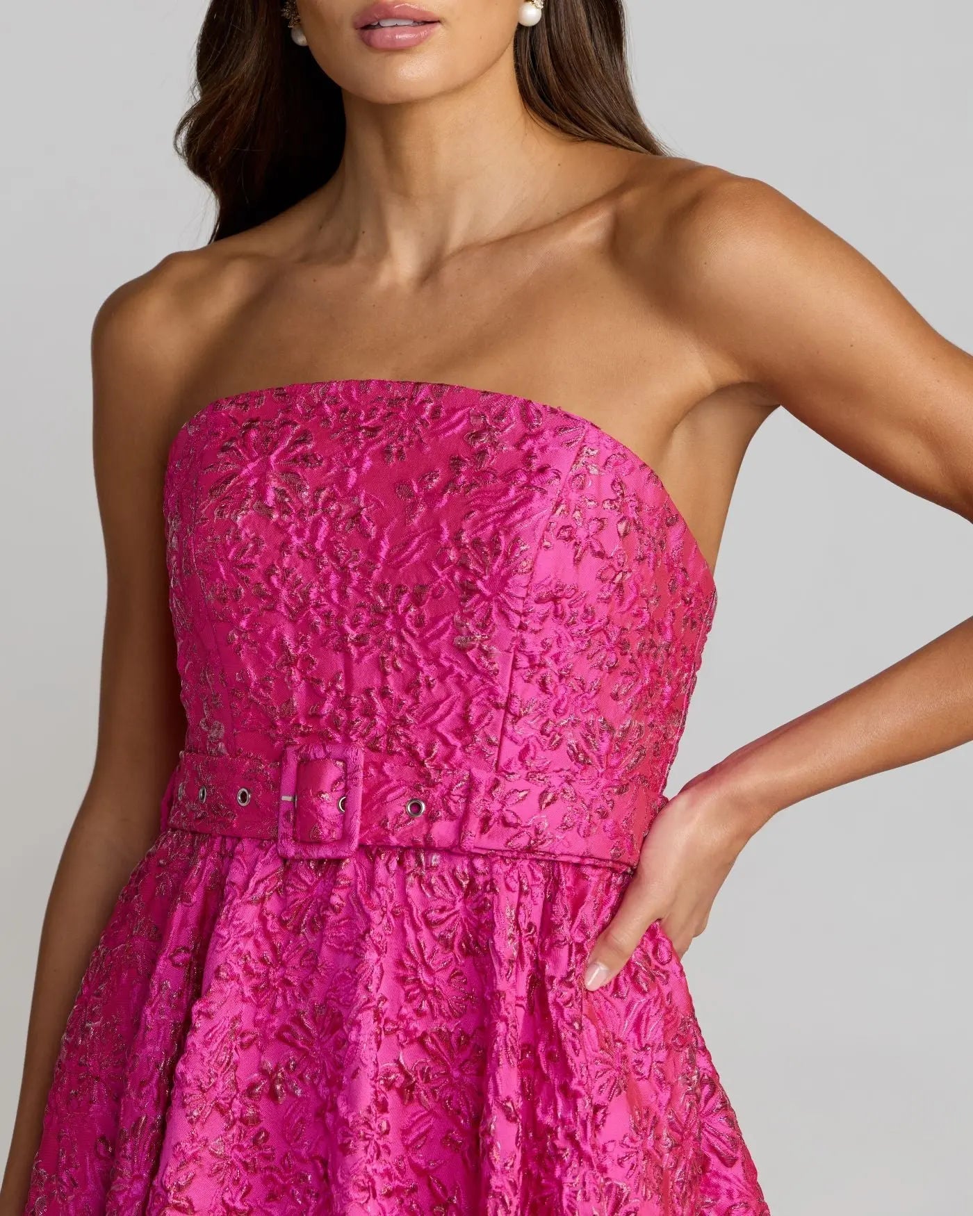 Pink Strapless Floral Brocade Ball Gown With Belt