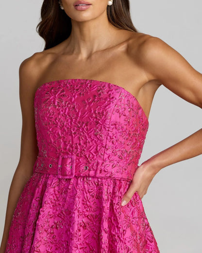 Pink Strapless Floral Brocade Ball Gown With Belt