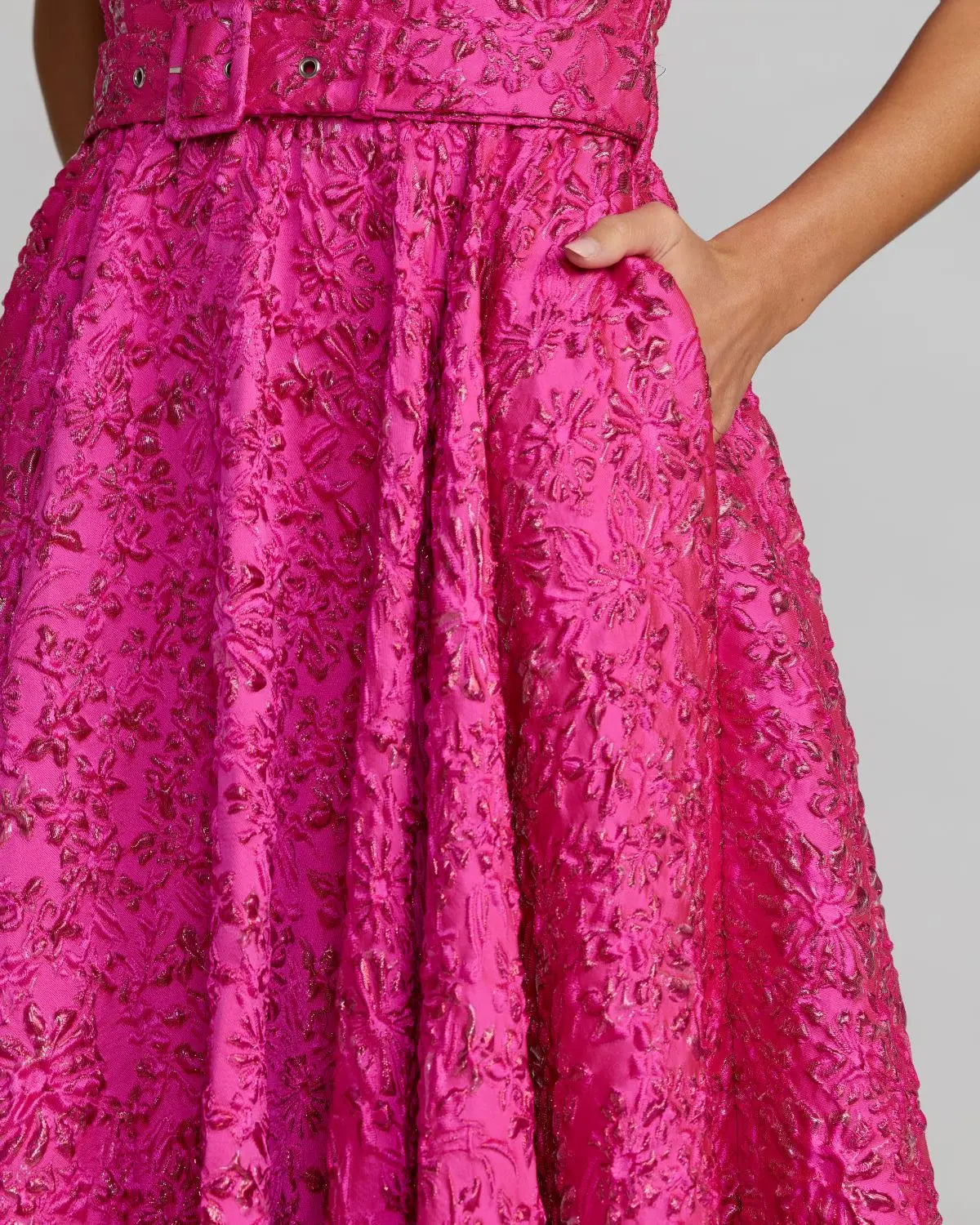 Pink Strapless Floral Brocade Ball Gown With Belt